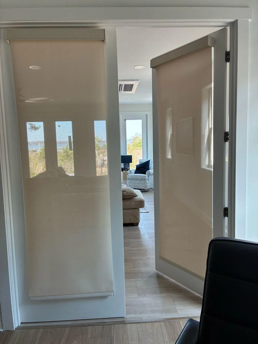 Glazed interior doors with roller shades